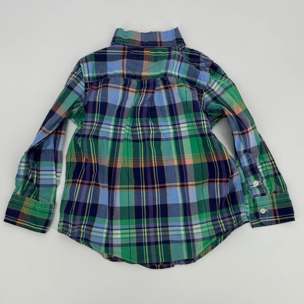 Ralph Lauren Toddler Boys 2T Plaid Button-Down Shirt Green‎ Blue Long Sleeve